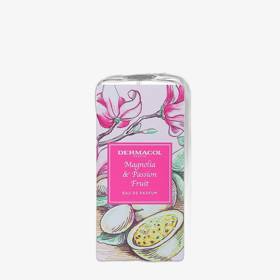Dermacol Magnolia & Passion Fruit EDP originaalkujundus – puhas ja elegantne esteetika Dermacol Magnolia & Passion Fruit EDP minimalistlik parfüümipudel, stiilne unisex aroom
