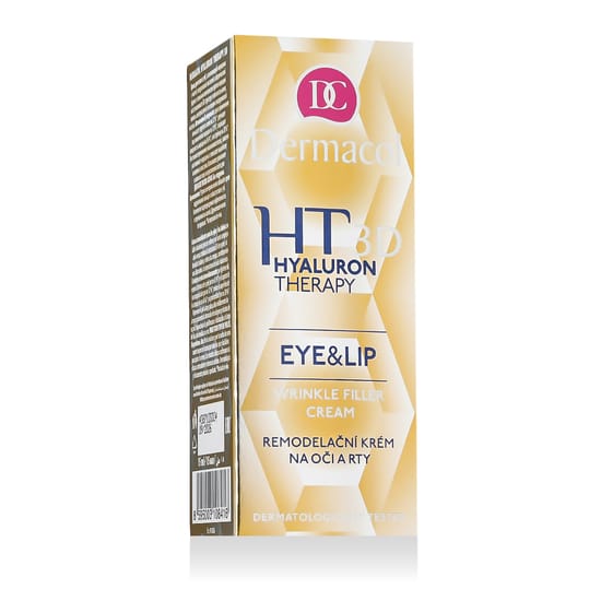 Dermacol Hyaluron Therapy 3D Eye & Lip Wrinkle Filler Cream original packaging Close-up of Dermacol Hyaluron Therapy 3D Eye & Lip Wrinkle Filler Cream product