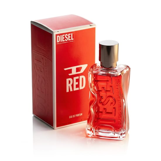 Distinctive packaging of Diesel D Red EDP perfume Sophisticated close-up of Diesel D Red EDP bottle
