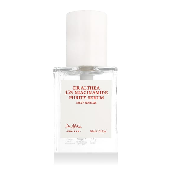 Упаковка сыворотки Dr.Althea 15% ниацинамид Purity Serum Крупный план бутылки сыворотки Dr.Althea 15% ниацинамид Purity Serum