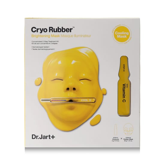 Close-up of Dr.Jart+ Cryo Rubber™ Brightening Vitamin C Ampoule and Mask set, showing texture and packaging