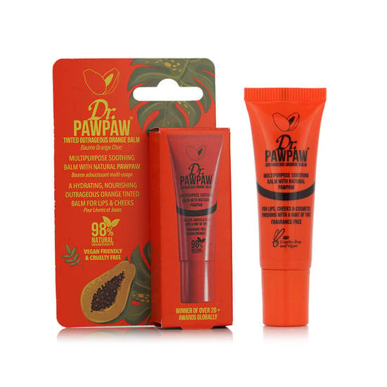 Крупный план тюбика Dr. PAWPAW Tinted Outrageous Orange Balm