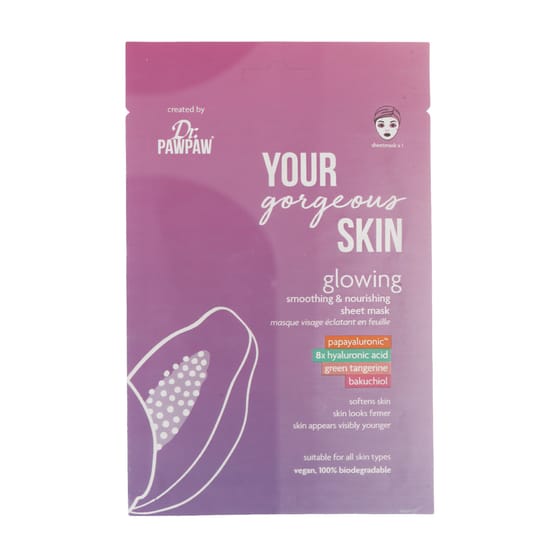 Close-up of Dr. PAWPAW Your Gorgeous Skin Glowing Sheet Mask packaging
