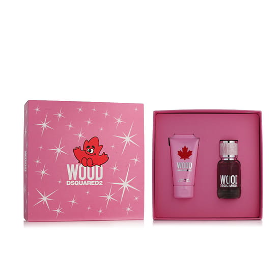 Elegant packaging of Dsquared2 Wood for Her EDT and body lotion