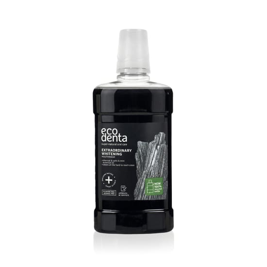 Close-up of Ecodenta Extraordinary Whitening Mouthwash Bottle