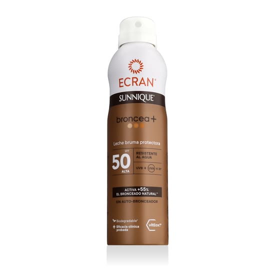 Ecran® Sunnique® Broncea+ SPF 50 päikesekaitse Ecran® Sunnique® Broncea+ SPF 50 päikesekaitsesprei pakendis