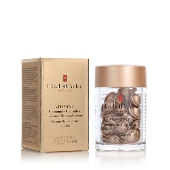 Close-up of Elizabeth Arden Ceramide Vitamin C Capsules, highlighting luminous skin radiance