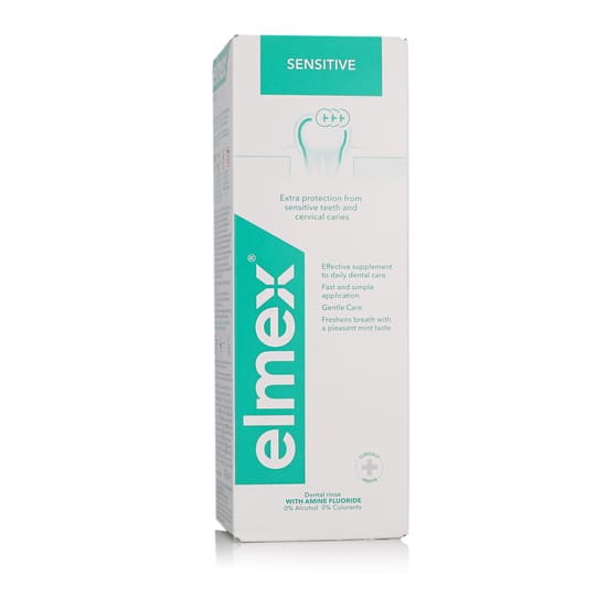 Bottle of Elmex Sensitive Plus Mouthwash on a bathroom shelf