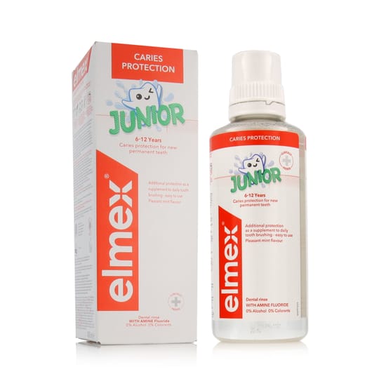 Elmex Junior Mouthwash 400 ml Bottle Packaging Bottle of Elmex Junior Mouthwash designed for children's dental care