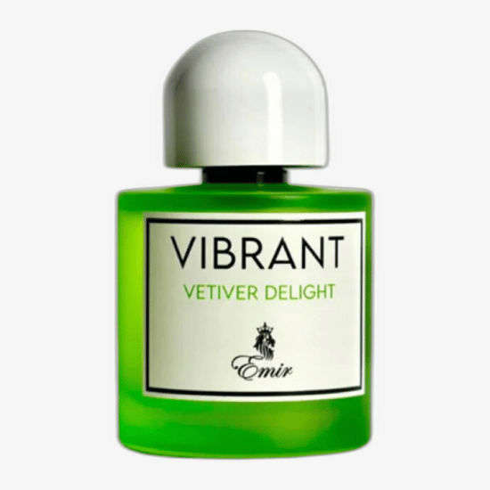 Stylish packaging of Emir Vibrant Vetiver Delight EDP Sophisticated bottle of Emir Vibrant Vetiver Delight EDP on a minimalist background
