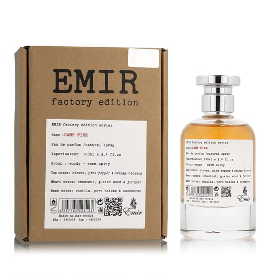 Emir Camp Fire Eau De Parfum pudel minimalistliku disainiga, erakordse lõhna atmosfääri tabamas