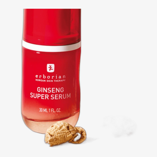 Erborian ginseng super serum pakendi detailid Erborian ginseng super serum pudeli lähivõte