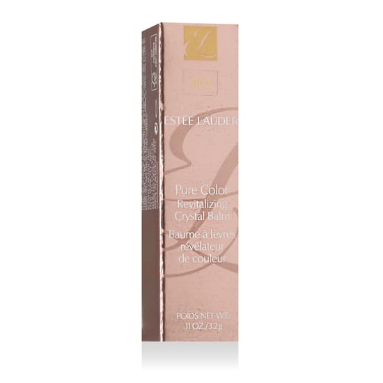 Close-up of Estée Lauder Pure Color Revitalizing Crystal Balm in shade 002 Cosmic Crystal, highlighting its glossy, vibrant finish