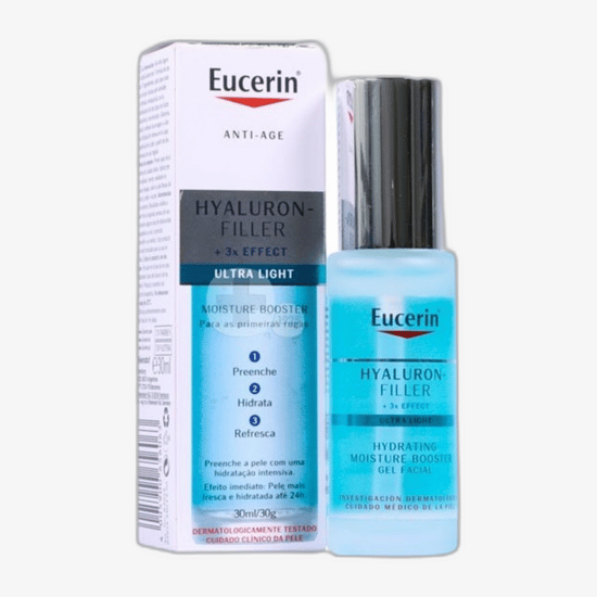 Close-up of Eucerin Hyaluron-Filler + 3x Effect Moisture Booster bottle