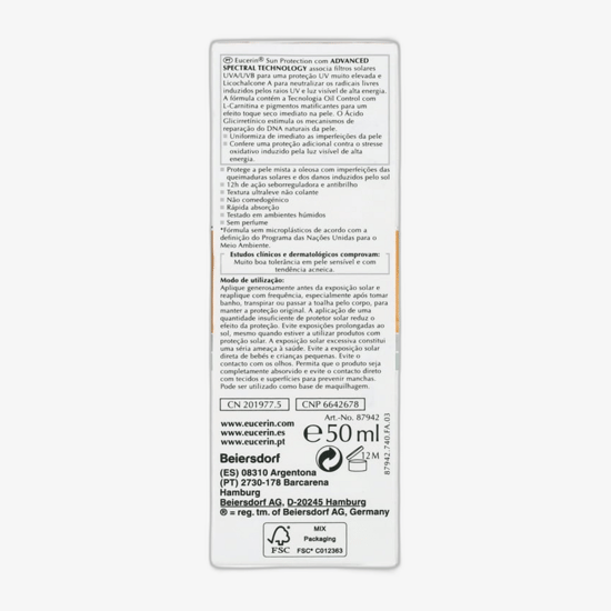 Eucerin päikesekaitse õli kontrolli toonitud päikesegel-kreem SPF 50+ pakendis