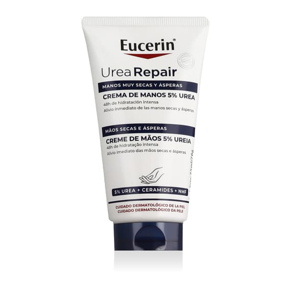 Eucerin urea repair 5% urea hand cream packaging Eucerin urea repair 5% urea hand cream tube close-up
