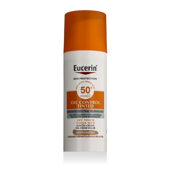 Eucerin päikesekaitse õli kontrolli toonitud päikesegel-kreem SPF 50+ pakendis