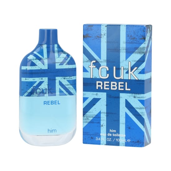Original FCUK Rebel Him EDT packaging Close-up image of FCUK Rebel Him EDT bottle