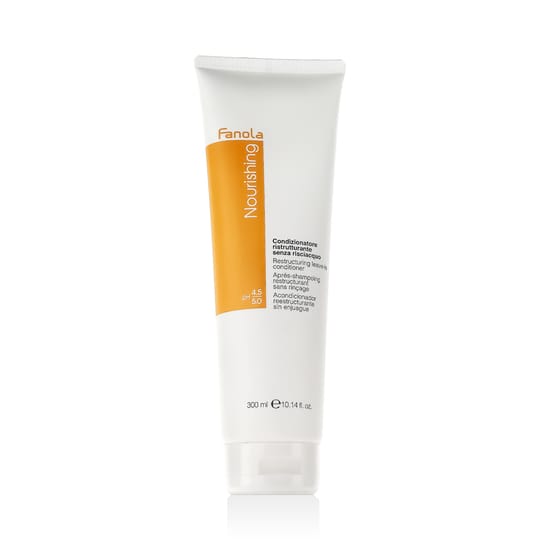 Fanola nourishing leave-in conditioner bottle close-up, hair care product for soft and manageable hair