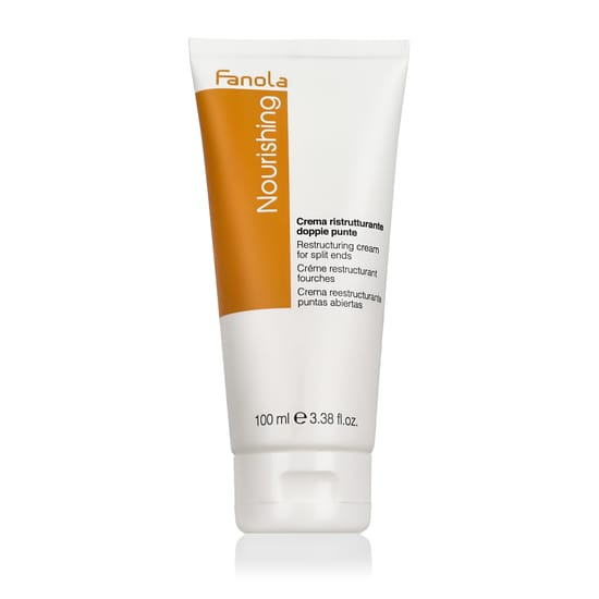 Fanola nourishing restructuring cream for split ends in sleek packaging, displaying creamy texture