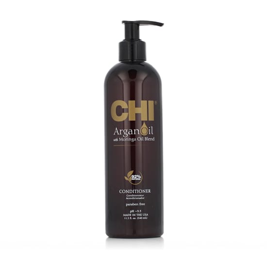 Close-up of Farouk Systems CHI Argan Oil Conditioner bottle