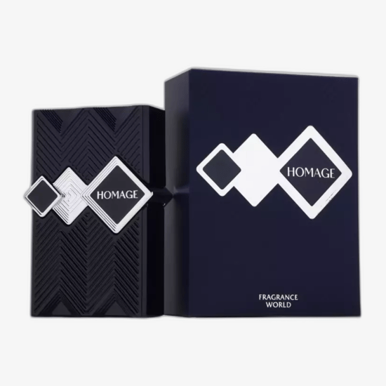 Fragrance World Homage EDP parfüümi pudel lähedalt