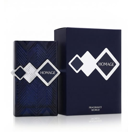 Fragrance World Homage EDP parfüümi pudel lähedalt