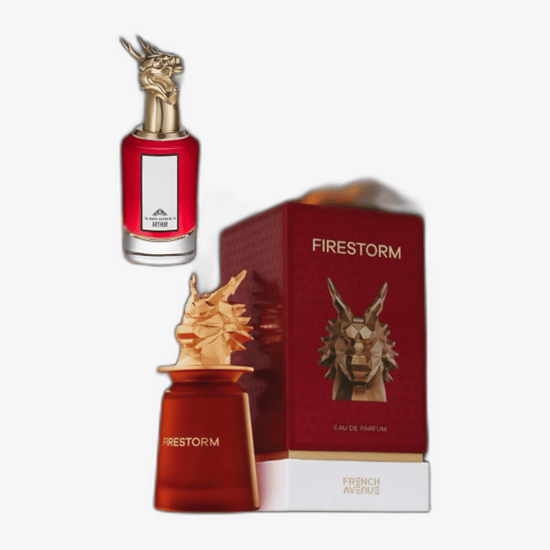 French Avenue Firestorm EDP bottle reflecting a minimalist, modern aesthetic