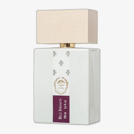 Close-up bottle of Giardini di Toscana Blu Indaco EDP, capturing minimalist design.
