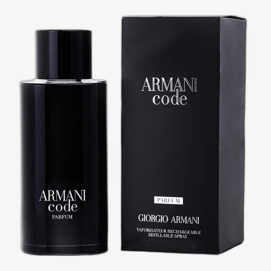 Флакон Giorgio Armani Armani Code Parfum с лаконичным дизайном Флакон Giorgio Armani Armani Code Parfum, стильный минималистичный дизайн