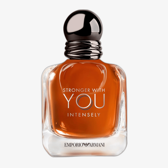 Unboxed bottle of Giorgio Armani Emporio Armani Stronger With You Intensely EDP, sleek aromatic EDP bottle