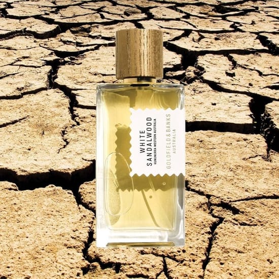 Goldfield & Banks White Sandalwood Parfum bottle with minimalist, elegant design