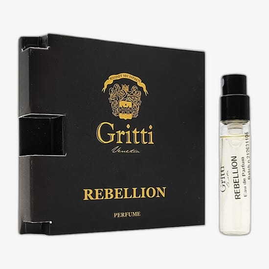 Original packaging of Gritti Rebellion Parfum Close-up of Gritti Rebellion Parfum bottle