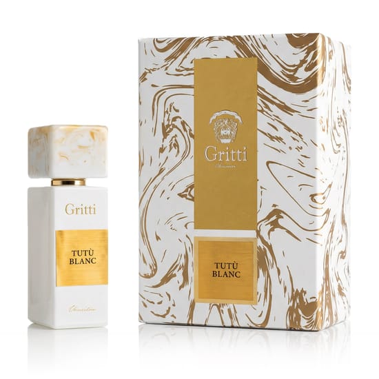 Original packaging of Gritti Tutù Blanc Parfum Close-up of Gritti Tutù Blanc Parfum bottle