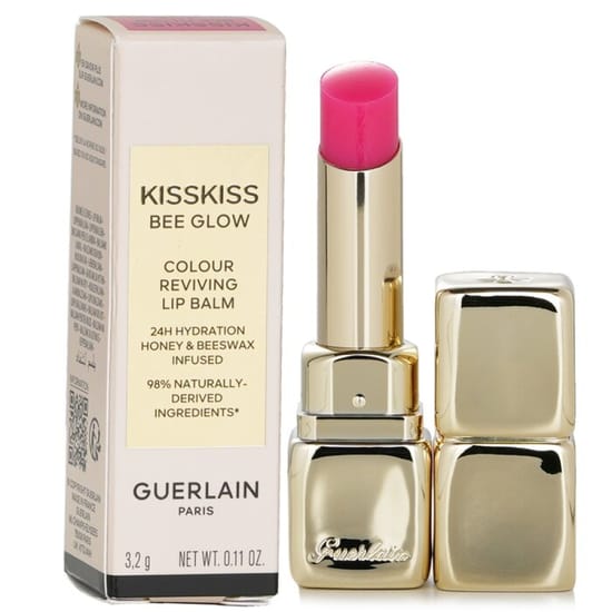 Guerlain Kisskiss Bee Glow Lip Balm (458 Pop Rose Glow) radiant lip care, hydrating balm on lips, close-up of luminous pink balm