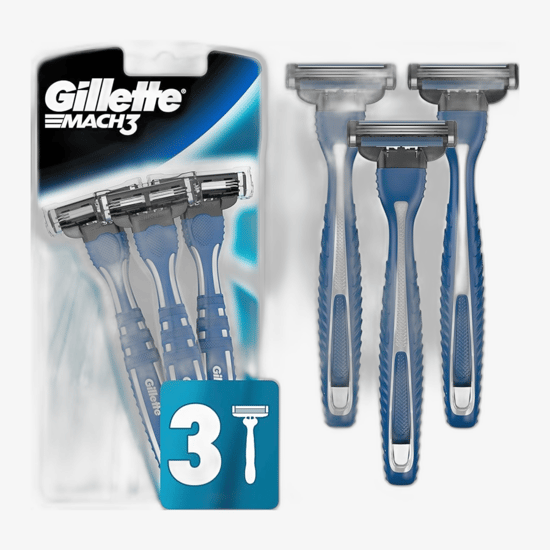 Close-up of Gillette Blue 3 disposable razors in elegant packaging