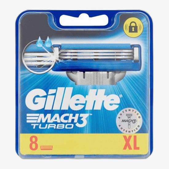 Pack of 8 Gillette Mach 3 Turbo dispensable razors Close-up of Gillette Mach 3 Turbo razors for shaving