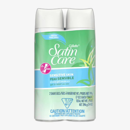 Gillette Satin Care Sensitive Skin Shaving Gel highlighted with Aloe Vera; gentle care for sensitive skin