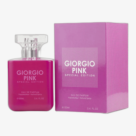 Giorgio Group Pink EDP lahtipakitud pudel detailvaates
