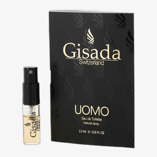 Gisada Uomo EDT pihustusnäidise pakend Gisada Uomo EDT näidise elegantne pihustuspudel