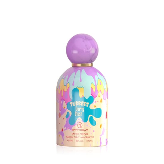 Флакон Grandeur Tubbees Berry Blast EDP крупным планом, на светлом фоне