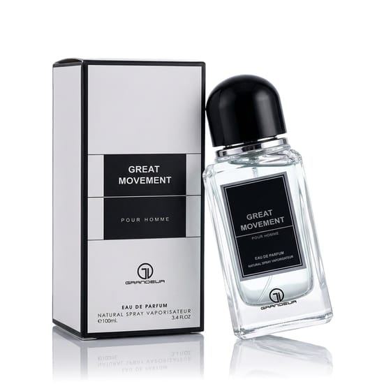 Grandeur Great Movement Pour Homme EDP – original packaging Grandeur Great Movement Pour Homme EDP bottle, refined design
