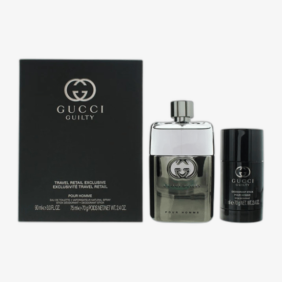 Elegant packaging of Gucci Guilty Pour Homme EDT and shower gel