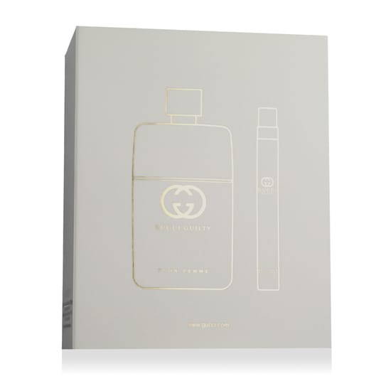 Gucci Guilty Pour Femme EDP set with minimalist design featuring the 90 ml bottle and 10 ml mini