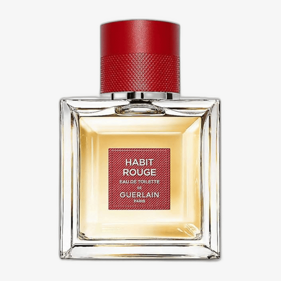 Close-up of Guerlain Habit Rouge Parfum bottle