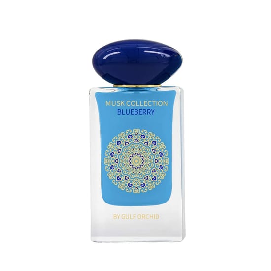 Authentic packaging of Gulf Orchid Blueberry EDP Close-up of Gulf Orchid Blueberry EDP bottle