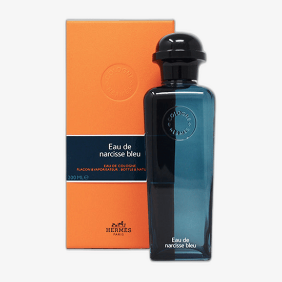 Close-up of the Hermès Eau de Narcisse Bleu EDT bottle
