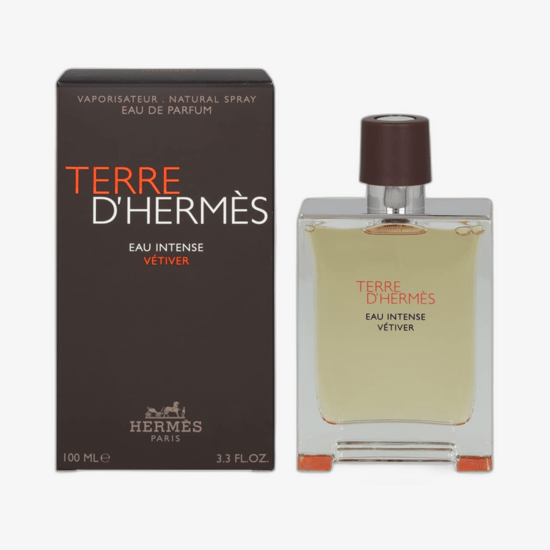 Hermès Terre d’Hermès Intense EDP pakend ja pudel Hermès Terre d’Hermès Intense EDP elegantne parfüümipudel