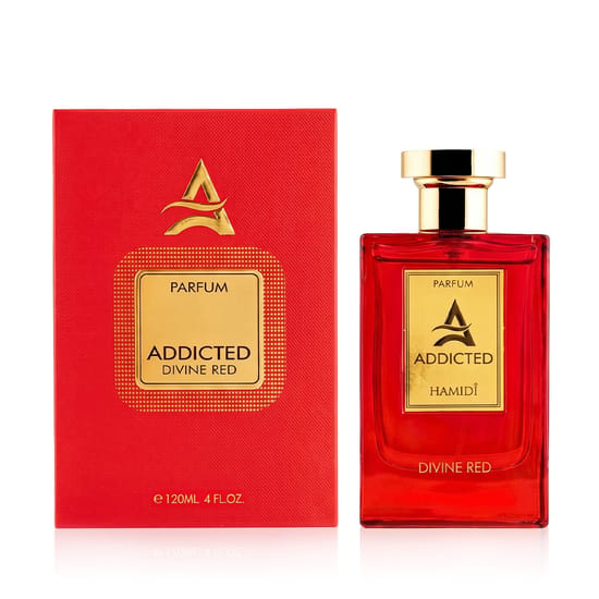 Original packaging of Hamidi Addicted Divine Red Parfum Elegant bottle of Hamidi Addicted Divine Red Parfum