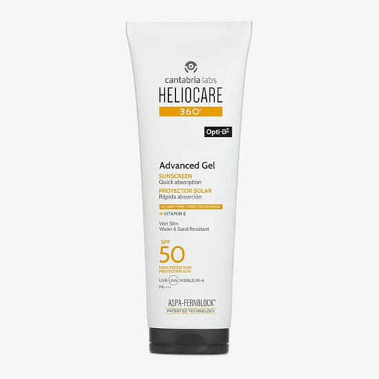 Bottle of Heliocare advanced gel sunscreen SPF50 on a white background